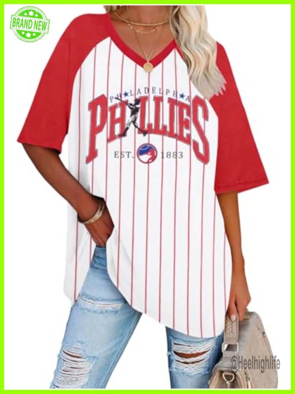 Baseball Mom V-Neck Striped Jersey Tee Short Sleeve 100% Polyester